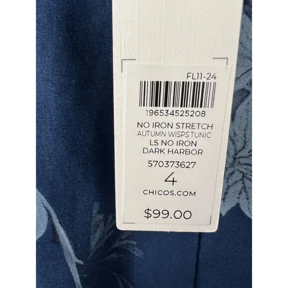 Chico's No Iron Button Front Shirt Autumn Whisps Tunic Size 4 US 20 NWT Blue - Picture 8 of 9